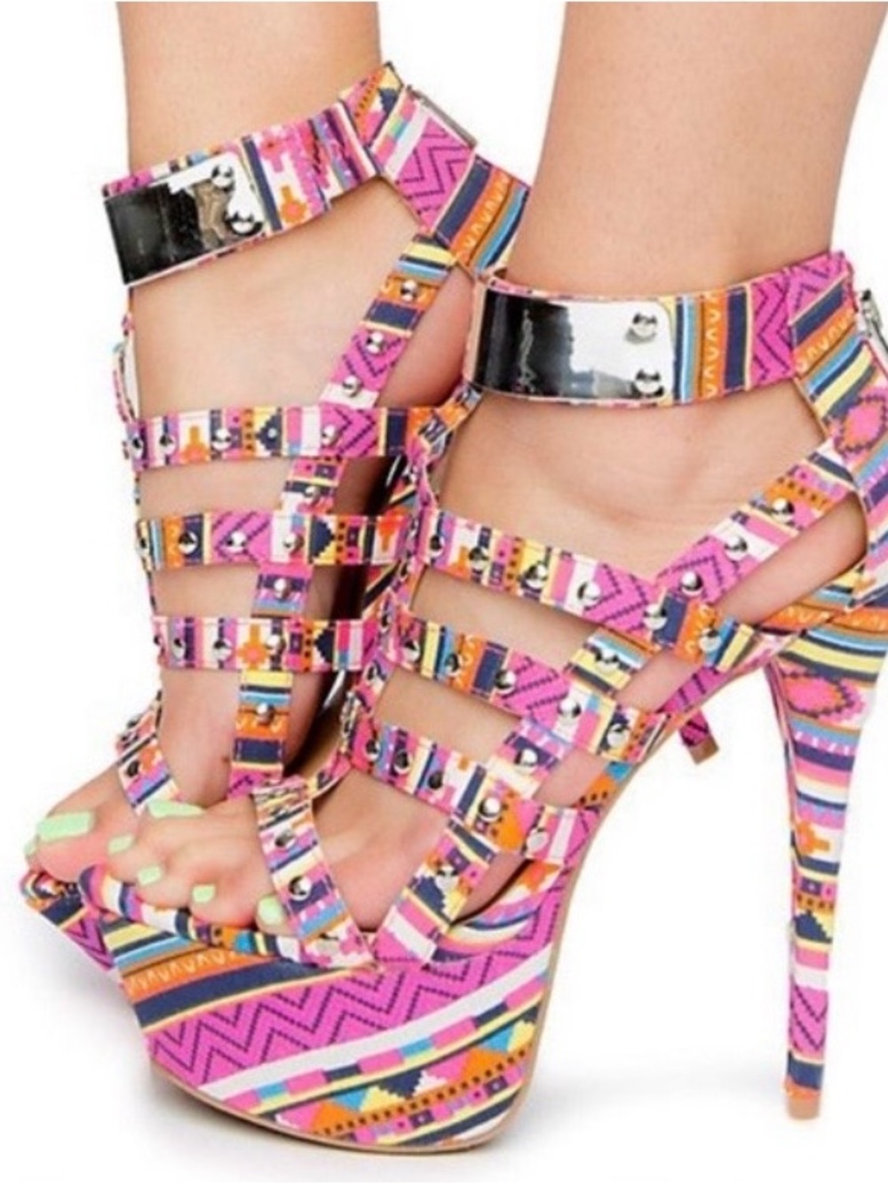 Dollhouse Pink Multi-Color Aztec Strappy Stiletto Heels